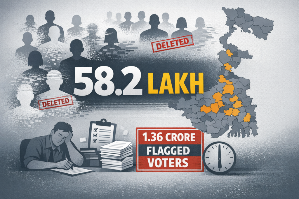 Editorial infographic showing “58.2 lakh” voter deletions, faded voter silhouettes, a West Bengal map with highlighted constituencies, and “1.36 crore flagged voters,” indicating administrative strain.