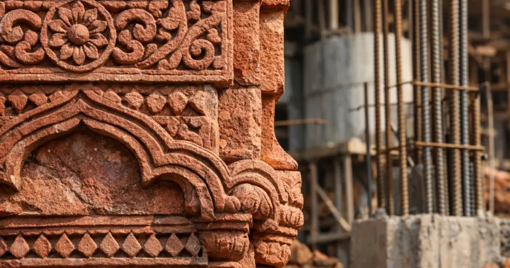 Close-up of intricately carved Jodhpur red sandstone with rich terracotta tones and visible grain texture, set against a blurred construction site with steel reinforcement bars in the background.