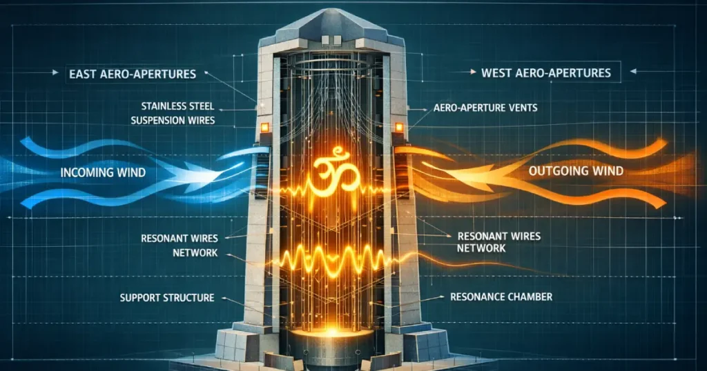 Futuristic wind resonance tower diagram showing incoming and outgoing airflow, internal resonant wires, and a glowing Om symbol at the center.
