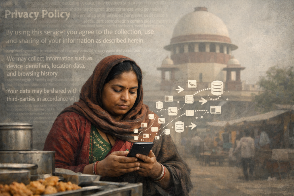 An Indian street vendor uses a smartphone as dense privacy-policy text and data icons overlay the scene, with the Supreme Court of India faintly visible in the background.
