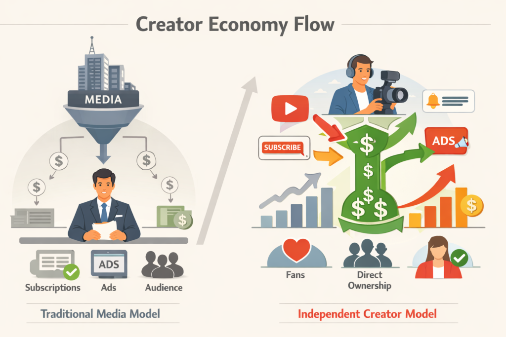 “Infographic comparing revenue flow: traditional media channels funds through companies to anchors, while independent creators earn directly from fans, ads, and subscriptions.”