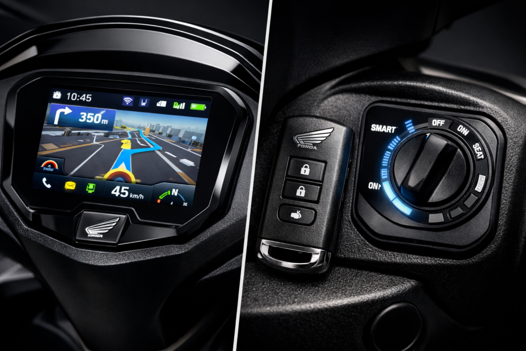 Split-screen close-up of the Honda Activa 7G dashboard, showing a color TFT navigation display on one side and the H-Smart key with digital ignition on the other.