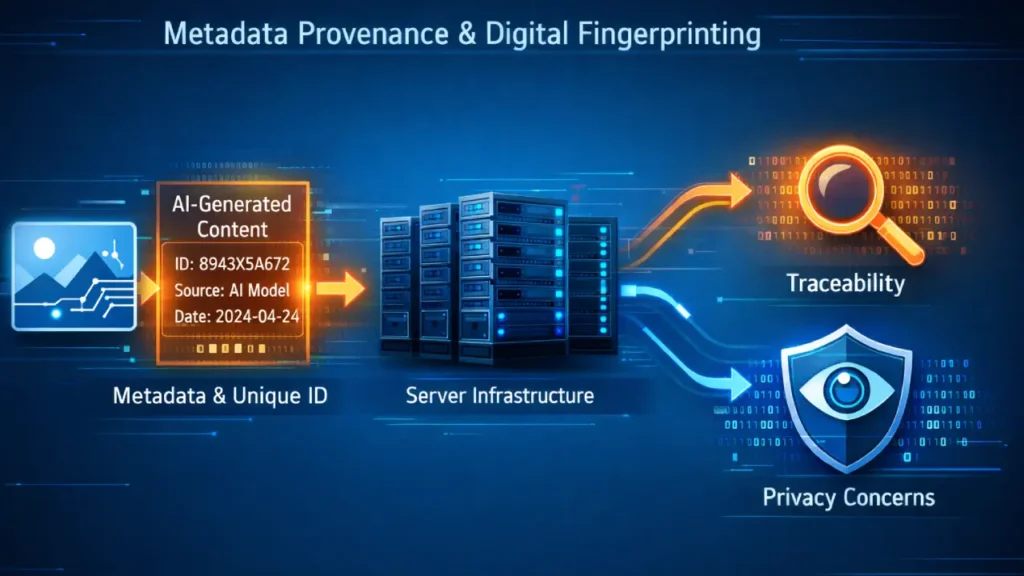 Conceptual infographic illustrating metadata provenance and digital fingerprinting: AI-generated content is embedded with glowing metadata tags and a unique ID, processed through server infrastructure, and split into two outcomes—traceability (magnifying glass icon) and privacy concerns (shield with eye symbol). Blue and orange data flows connect each stage in a clean, modern tech style.
