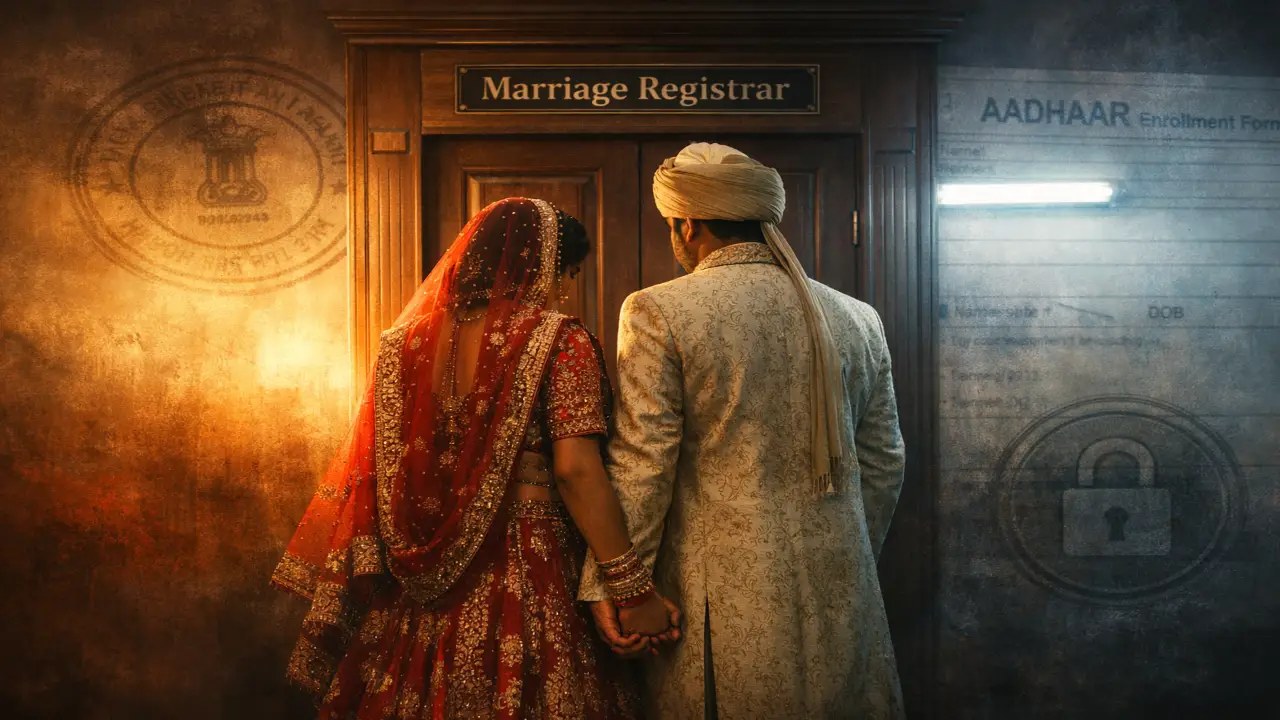 Indian bride and groom in traditional attire holding hands before a Marriage Registrar office door under dramatic warm and cold lighting.