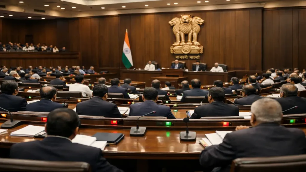 Indian state legislative assembly hall with rows of suited lawmakers seated at wooden desks, microphones and red-green voting lights visible, national emblem and Indian flag displayed at the front.
