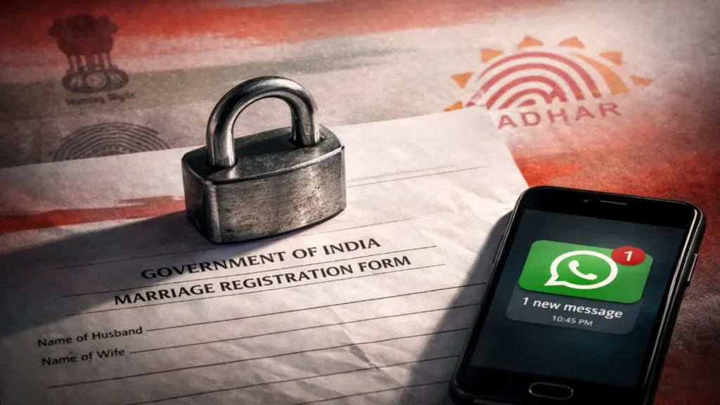 Heavy metallic padlock placed on an Indian government marriage registration form, with a smartphone showing a WhatsApp notification beside it and a faint Aadhaar background under dramatic red-grey lighting.
