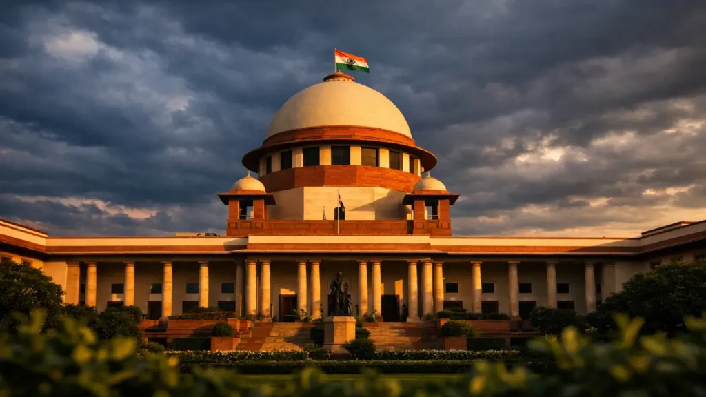 Exterior view of the Supreme Court of India in New Delhi, featuring its iconic domed sandstone facade and Indian flag under dramatic overcast skies at golden hour.
