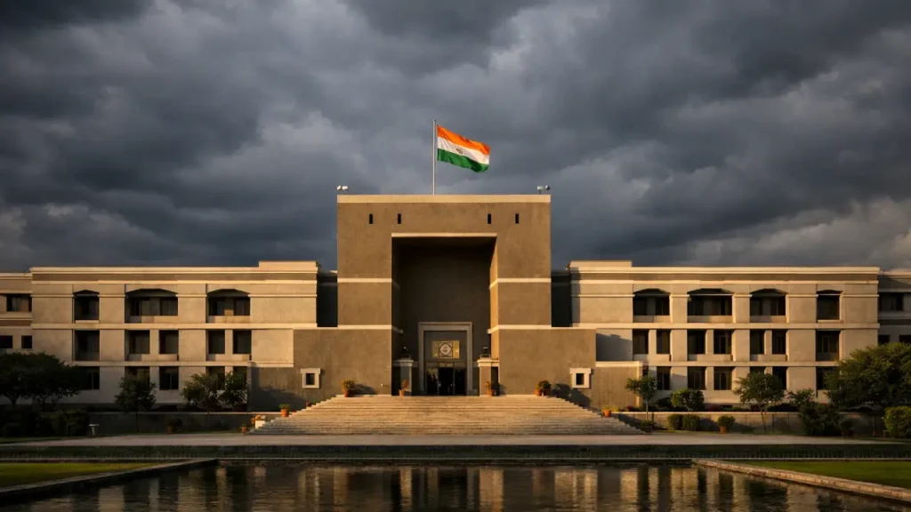 Wide-angle exterior view of the Gujarat High Court in Ahmedabad under dramatic dark clouds, with the Indian national flag atop the symmetrical stone facade and soft golden light illuminating the building.
