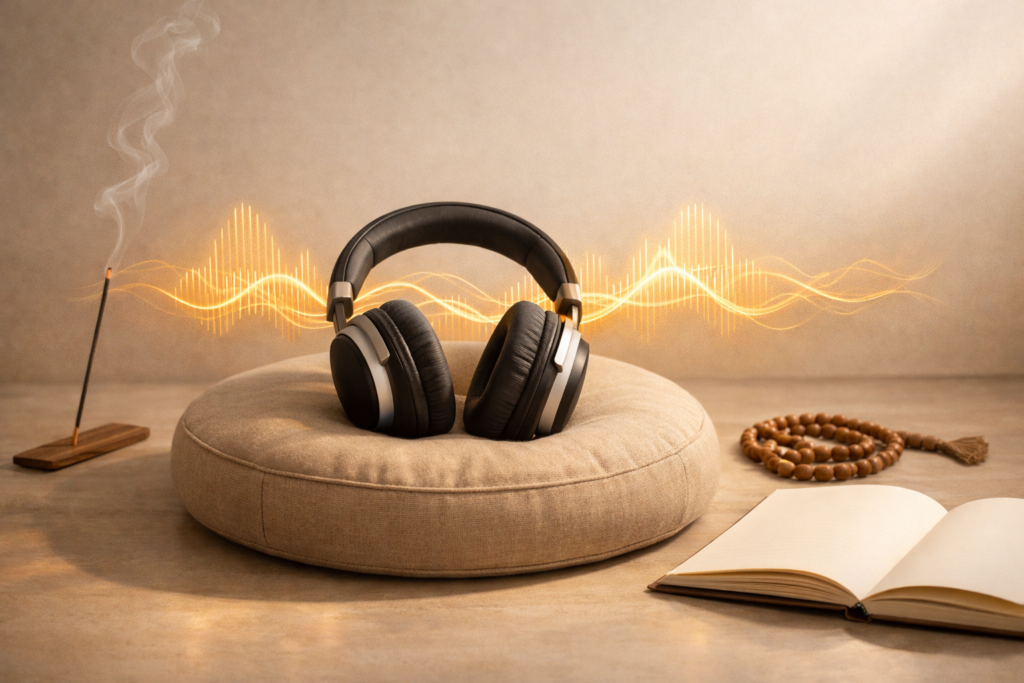 Premium over-ear headphones on a meditation cushion with soft golden sound waves, incense smoke, prayer beads, and an open journal in a calm, minimalist setting.