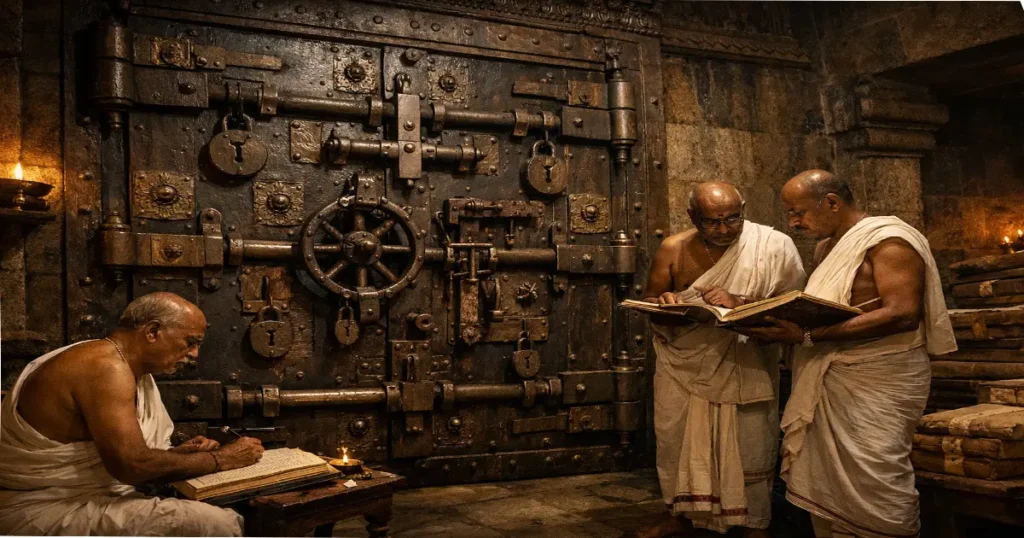 Priests in white dhotis review handwritten ledgers beside a massive iron temple vault door secured with heavy locks and bolts, illuminated by warm, dim temple lighting.