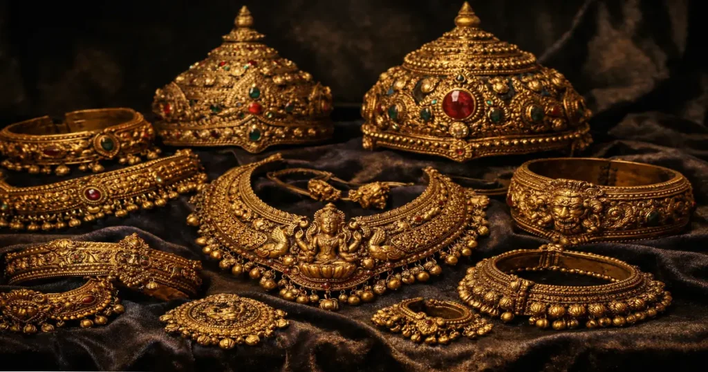 Close-up of antique Odishan temple jewelry—ornate gold necklaces, gemstone-studded mukuta crowns, armlets, and anklets—displayed on dark velvet under soft museum lighting, highlighting intricate filigree and aged patina.