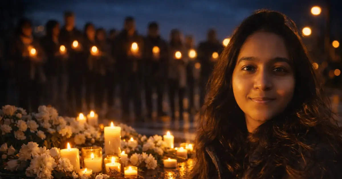 Young woman stands beside a candlelit memorial with white flowers at dusk, as a blurred crowd holds candles in the background.