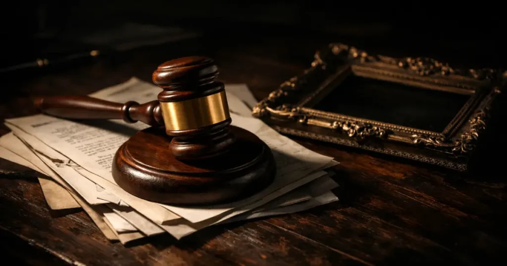 Wooden judge’s gavel resting on stacked legal documents beside an empty ornate picture frame on a dark wooden table, lit dramatically from the side, creating deep shadows and a somber mood symbolizing justice and loss.