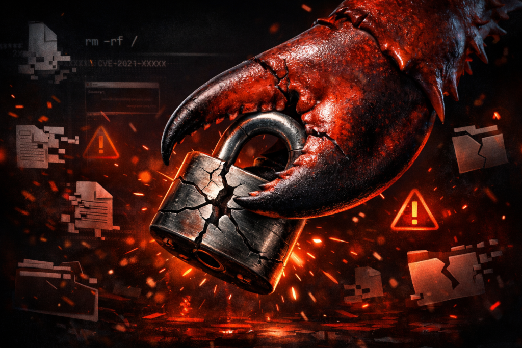 A dramatic cybersecurity illustration showing a lobster claw crushing a cracked padlock amid glowing warning symbols, broken digital files, and red alert lighting.