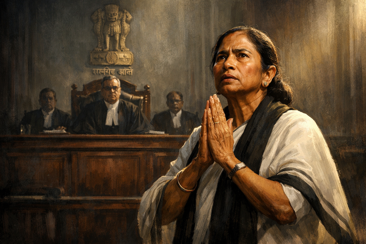 Mamata Banerjee stands inside the Supreme Court of India with folded hands, facing the judges’ bench under dramatic courtroom lighting.