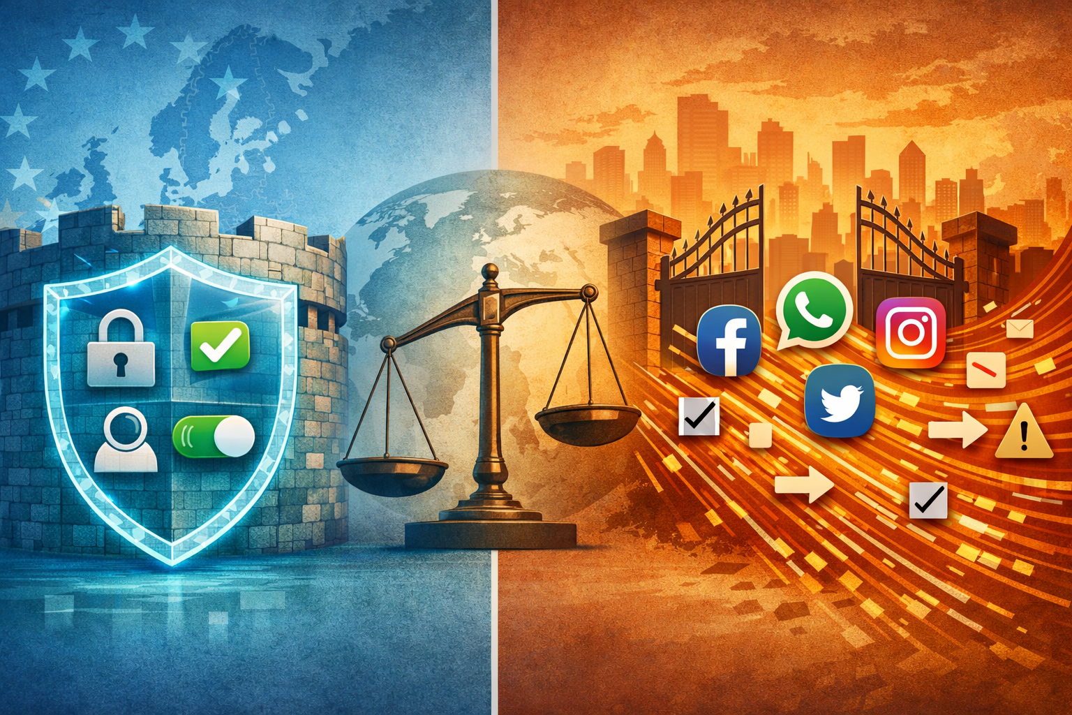 Split-screen illustration comparing EU and India data privacy: Europe shown as a secure digital fortress with consent controls, India shown as open data flowing to major tech platforms, divided by tilted scales of justice.