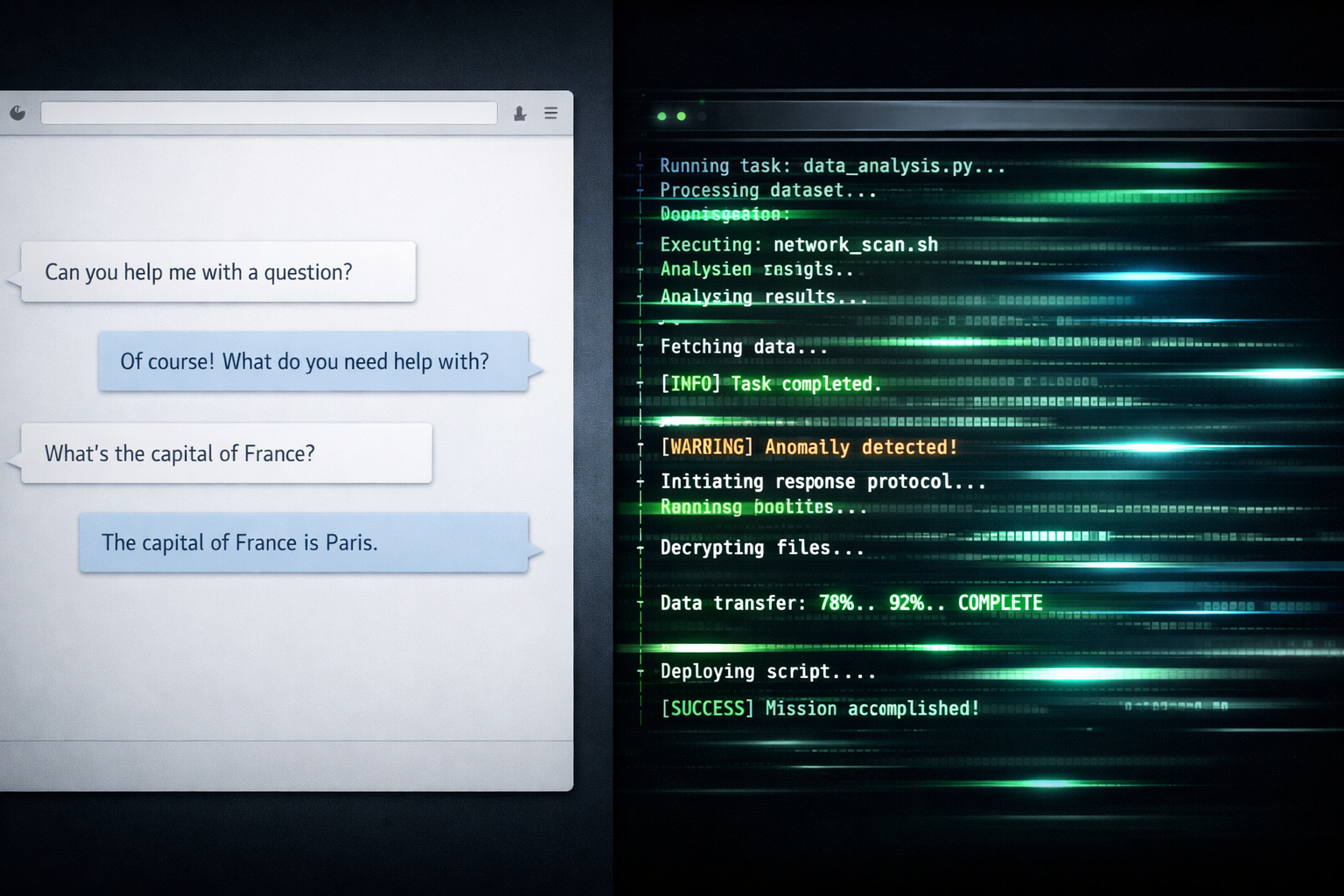 Split-screen illustration comparing a passive AI chat interface with an active, command-driven AI agent running tasks in a terminal.Split-screen illustration comparing a passive AI chat interface with an active, command-driven AI agent running tasks in a terminal.