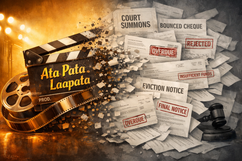 Film clapperboard and reel labeled “Ata Pata Laapata” dissolve into court summons, bounced cheque notices, and red legal stamps, shifting from warm cinematic light to cold bureaucratic tones.