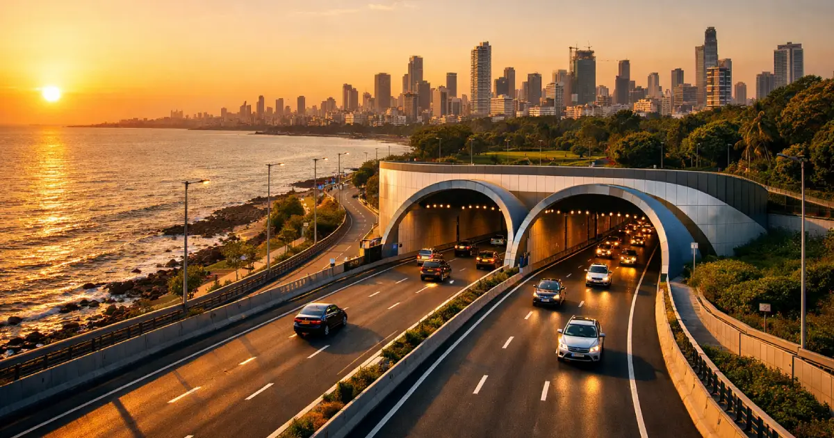 Aerial sunset view of Mumbai Coastal Road tunnel exit near Worli with Arabian Sea on the left and city skyline in the background.