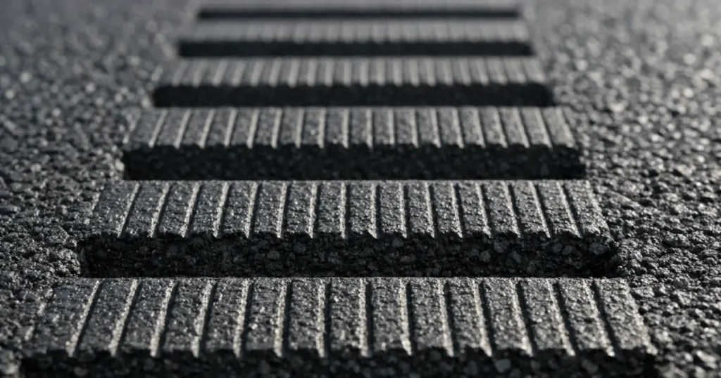 Close-up macro view of precisely carved rumble strips on black asphalt, highlighting parallel grooves, rough bitumen texture, and engineered spacing in natural daylight.