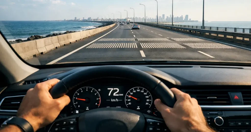 First-person view from inside a modern car driving at 72 km/h on Mumbai Coastal Road, with the Arabian Sea visible beside the highway in bright daylight.