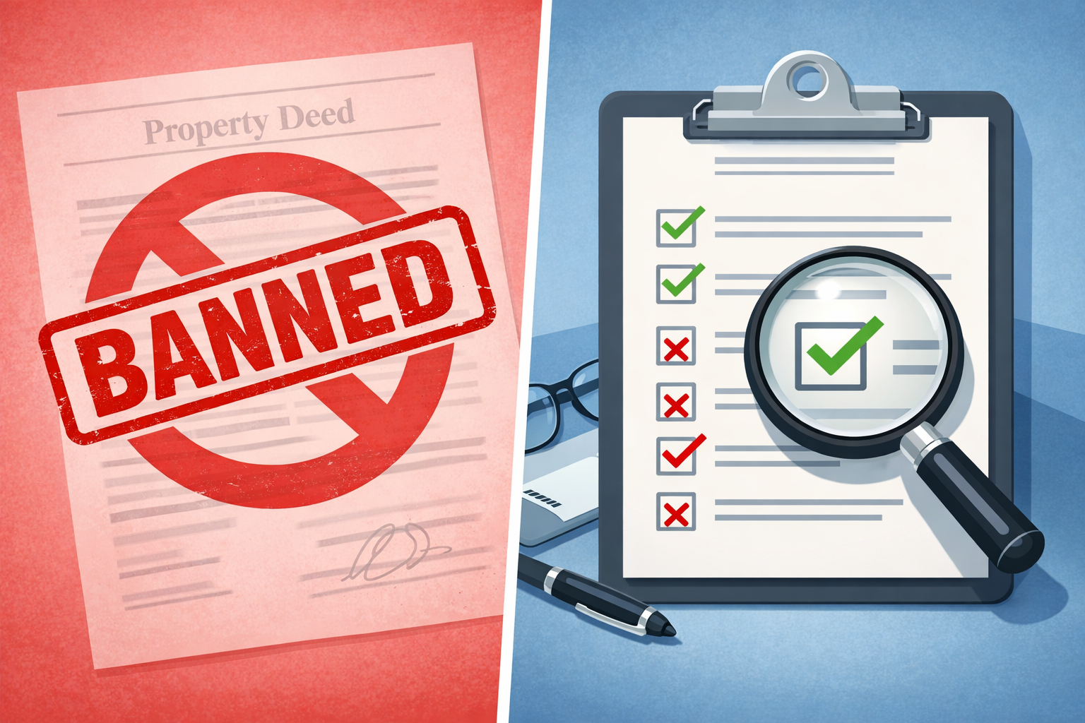 Split-screen illustration showing a red “BANNED” stamp over a property deed on one side and an official approval checklist under scrutiny on the other, contrasting misconception with reality.