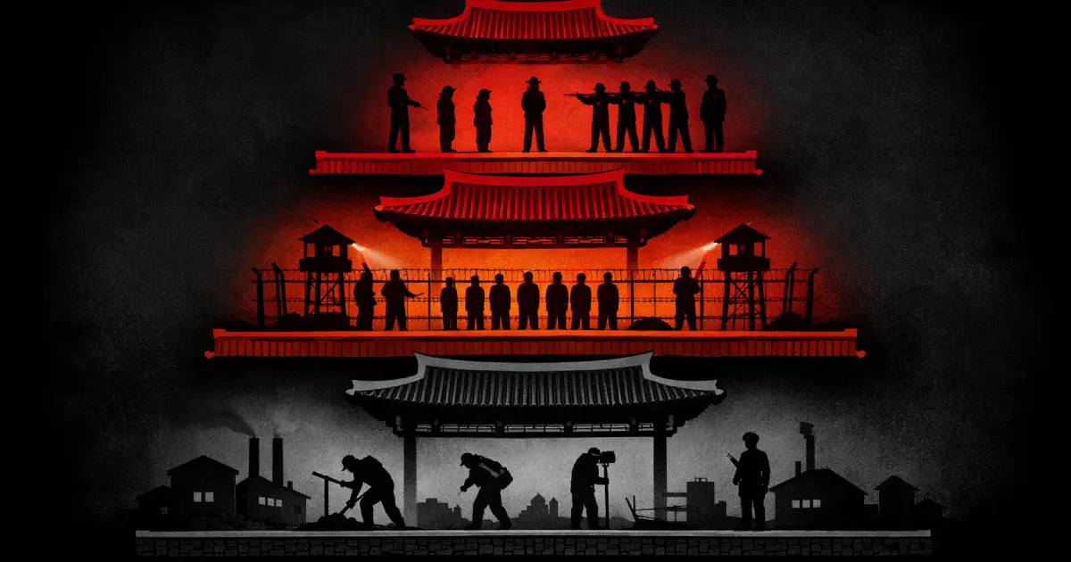 Three-tier symbolic ladder of escalating punishment with gray labor camp silhouettes at the bottom, barbed-wire prison tier in red-orange center, and crimson firing squad silhouettes at the top against a dark background.