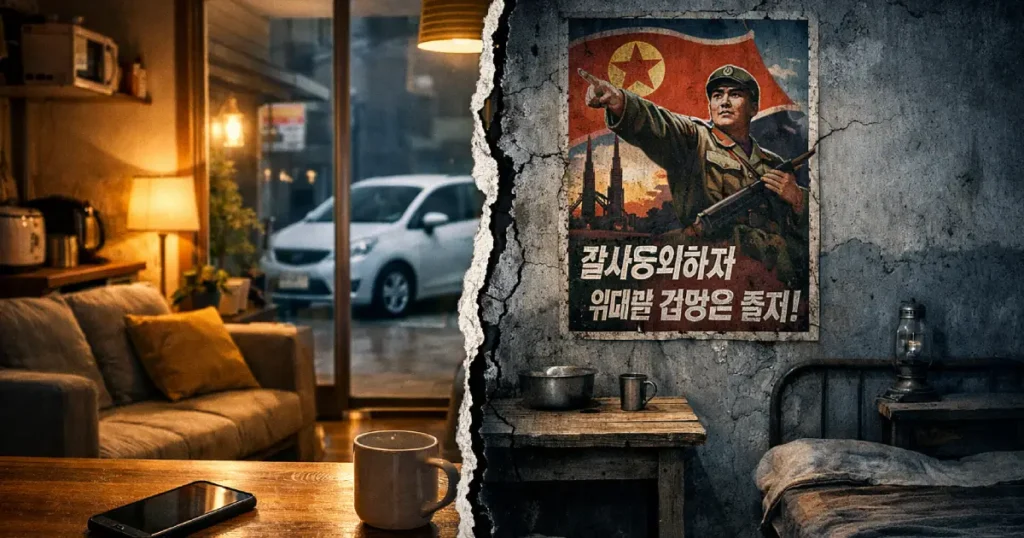 Split-screen image contrasting modern South Korean apartment interior with warm lighting and smartphone on table against a stark, dim North Korean-style room with cracked walls and propaganda poster, divided by a jagged vertical tear symbolizing separation.