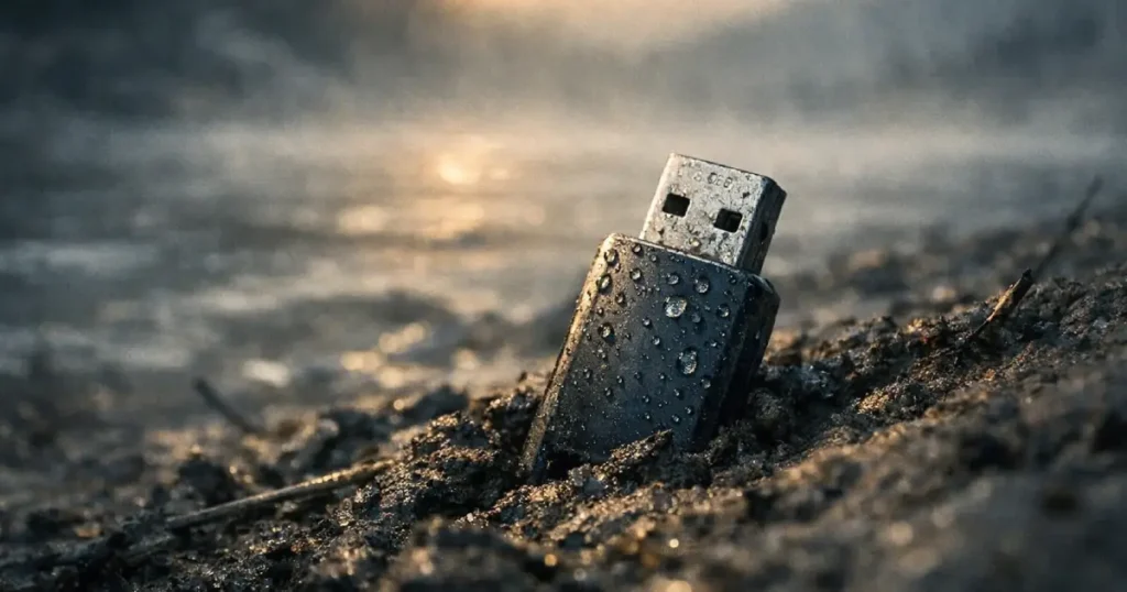 Close-up of a weathered USB flash drive partially buried in muddy soil by a misty river at dawn, with water droplets glistening in soft golden-blue light.
