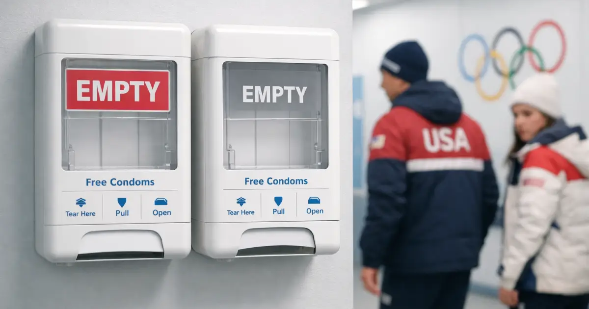 Empty condom dispensers marked “EMPTY” and “OUT OF STOCK” mounted on a wall in an Olympic Village hallway, with disappointed athletes walking past in the background and Olympic rings visible.