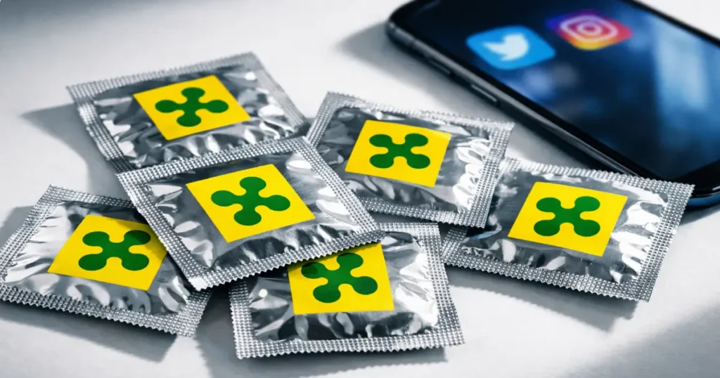 Alternate Text: Scattered silver condom packets with bright yellow Lombardy logos on a white surface, with a blurred smartphone showing social media icons in the background.
