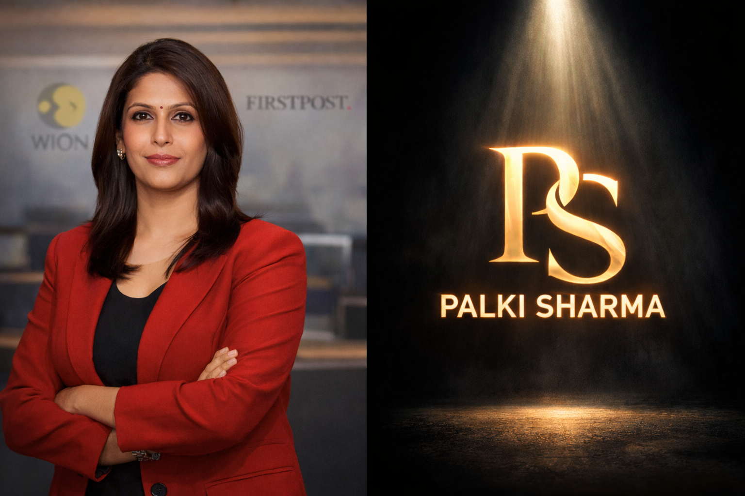 Split-screen image featuring journalist Palki Sharma in a red blazer on the left and a glowing gold “PS Palki Sharma” logo on a dark background on the right.