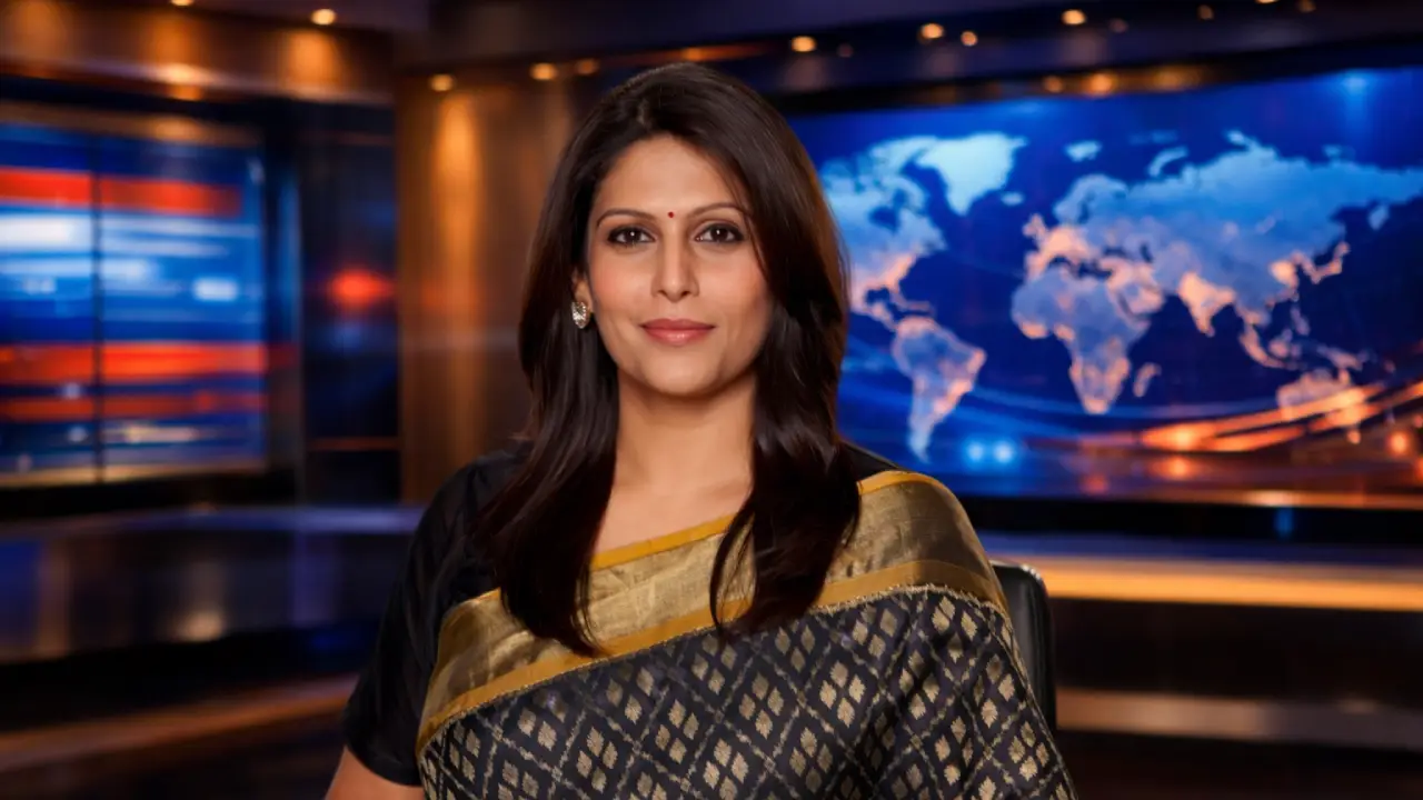 Indian female news anchor in black and gold saree seated at modern newsroom desk with global map screens in background.