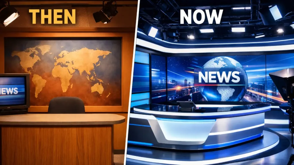Split-screen newsroom comparison showing a vintage 2000s studio labelled “THEN” on the left and a modern high-tech digital newsroom labelled “NOW” on the right, highlighting career and broadcast evolution.