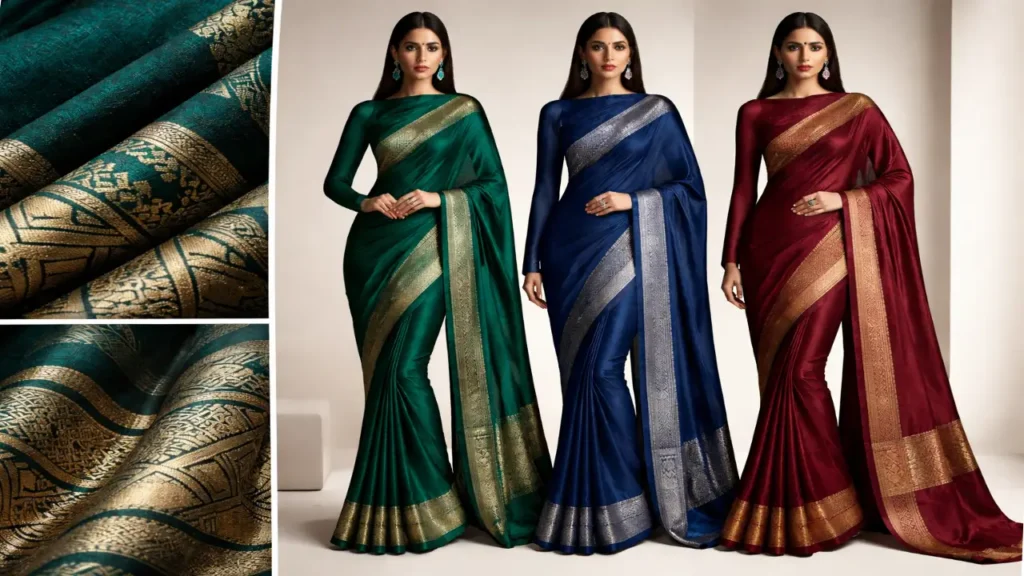 Three models wearing jewel-toned silk sarees with full-sleeve blouses stand against a neutral studio background, alongside close-up shots highlighting intricate gold and silver woven fabric details.