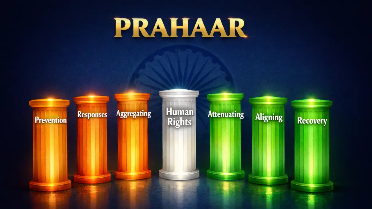 Infographic titled “PRAHAAR” showing seven glowing pillars in a semicircle—three orange on the left, one white in the center labeled “Human Rights,” and three green on the right—against a navy background with an Ashoka Chakra watermark.