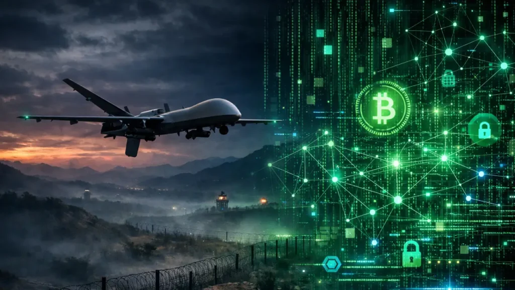 Military surveillance drone flying over a misty India-Pakistan border at dusk, with barbed fencing below and a glowing overlay of green digital code and cyber network graphics symbolizing hybrid security threats.
