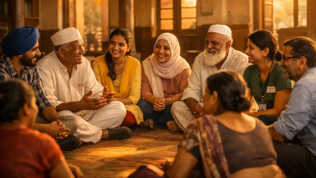 Diverse group of Indian community members sitting in a circle inside a sunlit hall, smiling and engaged in a warm, hopeful discussion during golden hour.
