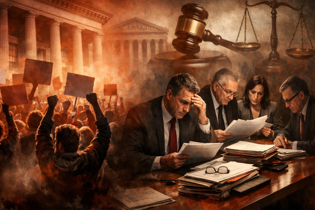 Split-screen editorial image showing protesters outside a government-style building on one side and anxious university officials reviewing documents indoors on the other, with subtle justice symbols in the background.