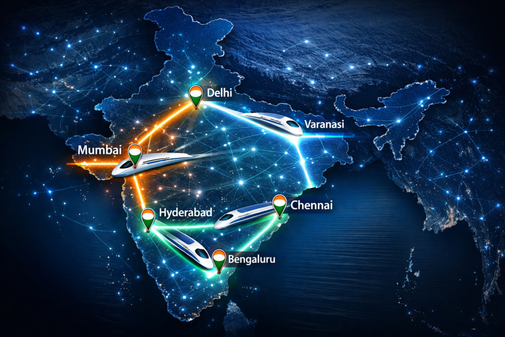India map highlighting proposed high-speed rail corridors, showing glowing routes connecting major cities like Mumbai, Delhi, Varanasi, Chennai, Bengaluru, and Hyderabad, with sleek bullet train icons and illuminated city markers.