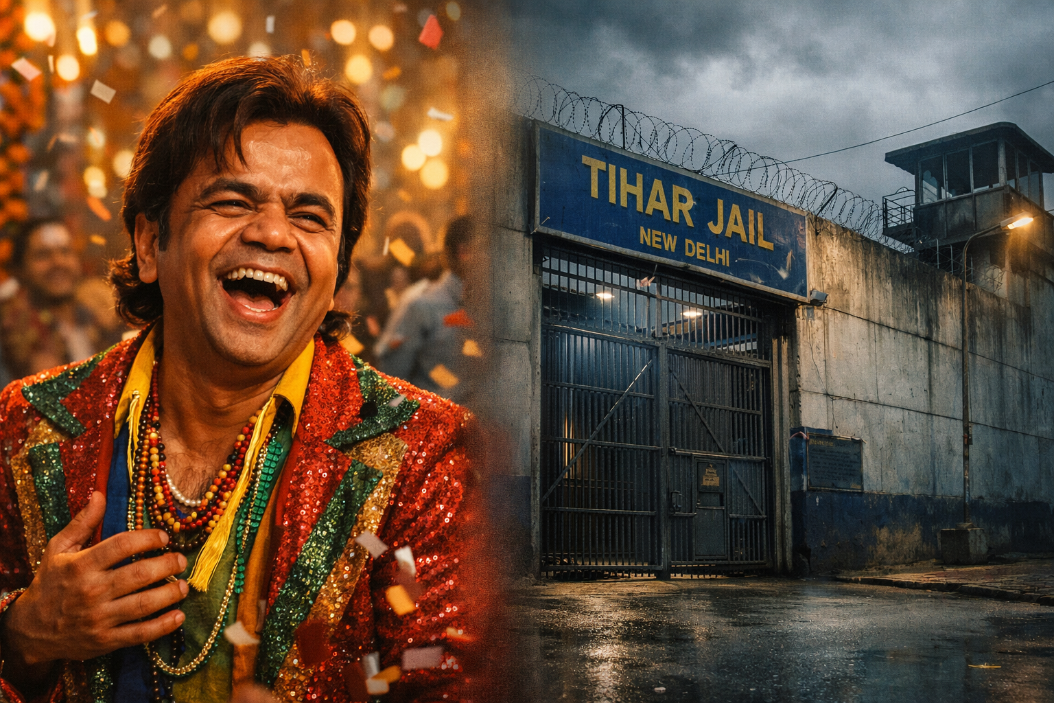 Split image showing Indian actor Rajpal Yadav laughing in a colorful Bollywood setting on one side and the somber exterior of Tihar Jail in New Delhi on the other.