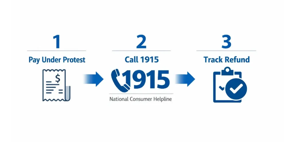 Infographic showing a three-step consumer action protocol: 1) Pay Under Protest with receipt icon, 2) Call 1915 – National Consumer Helpline with phone icon, and 3) Track Refund with checkmark icon, in a blue and white layout with arrows connecting each step.
