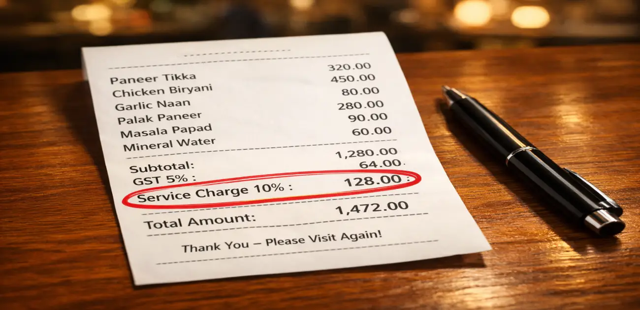 Close-up of an Indian restaurant bill on a wooden table with “Service Charge 10%” circled in red and a black pen placed beside it.