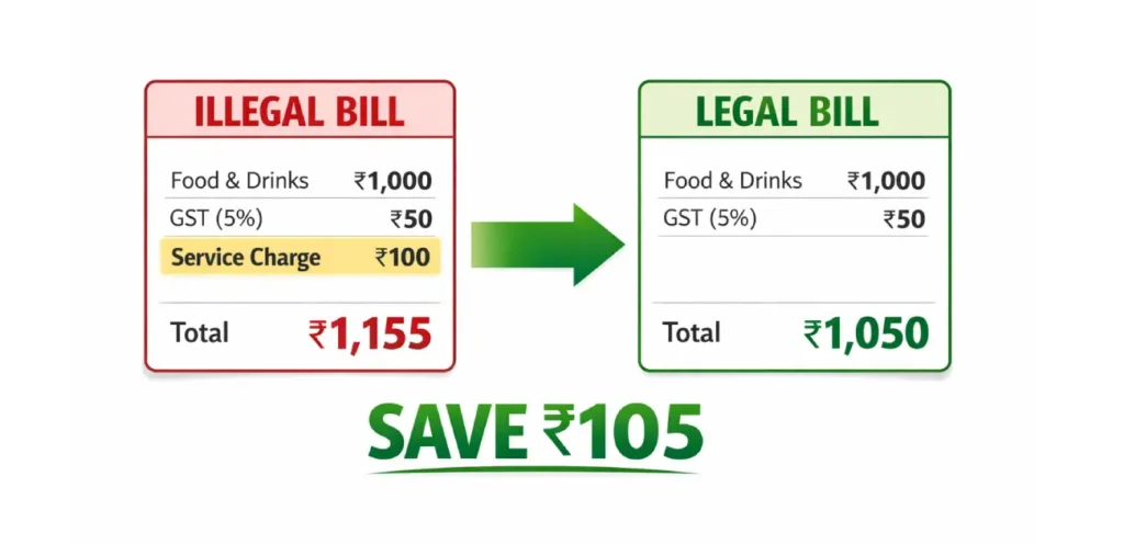Comparison infographic of two restaurant bills: one labeled “Illegal Bill” totaling ₹1,155 with a service charge, and one labeled “Legal Bill” totaling ₹1,050 without it, highlighting “Save ₹105” in bold green text.
