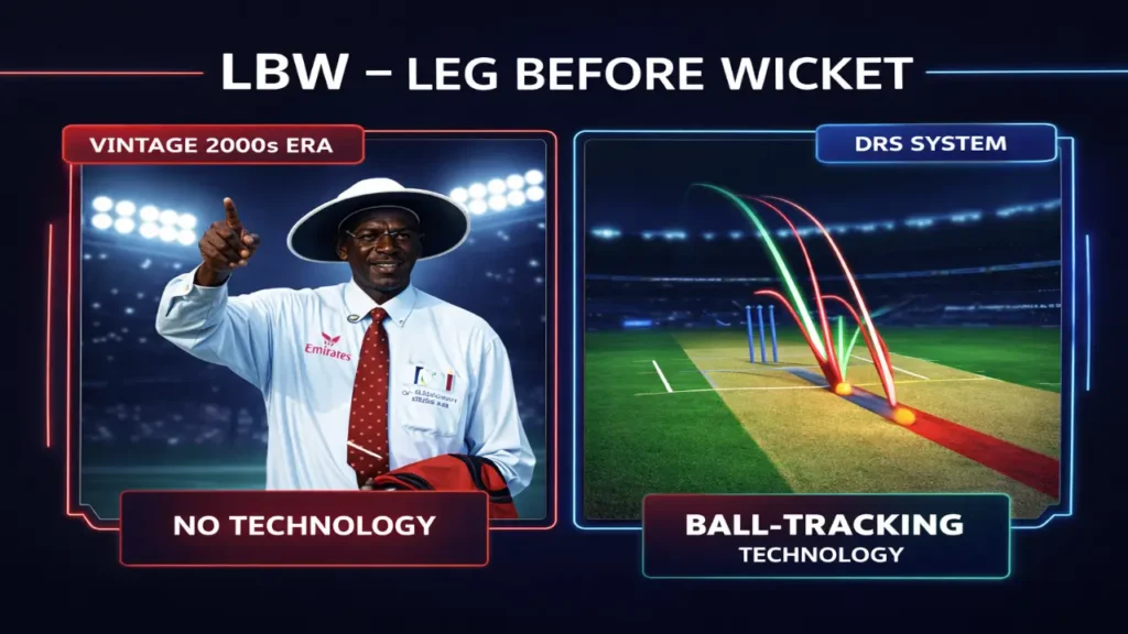 Split-panel cricket infographic showing a vintage umpire giving an LBW decision on the left and a modern DRS ball-tracking system with 3D trajectory lines on the right against a dark blue background.
