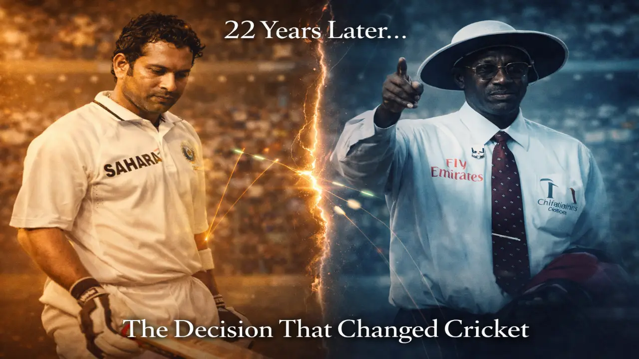 Split cinematic image of Sachin Tendulkar and Steve Bucknor divided by a glowing crack, symbolizing a historic controversial cricket decision before the DRS era.