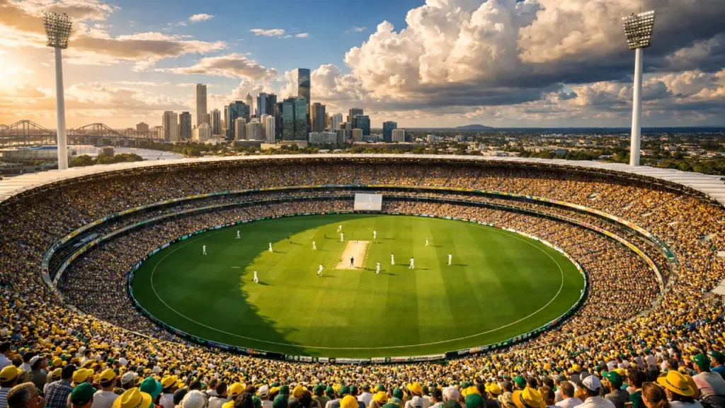 Aerial view of The Gabba in Brisbane during a packed Test cricket match under golden afternoon sunlight, with players in white on a lush green field and dramatic clouds overhead.