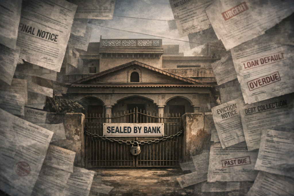 A bank-sealed Indian house surrounded by floating debt and legal notices, symbolizing financial collapse and loss of security.