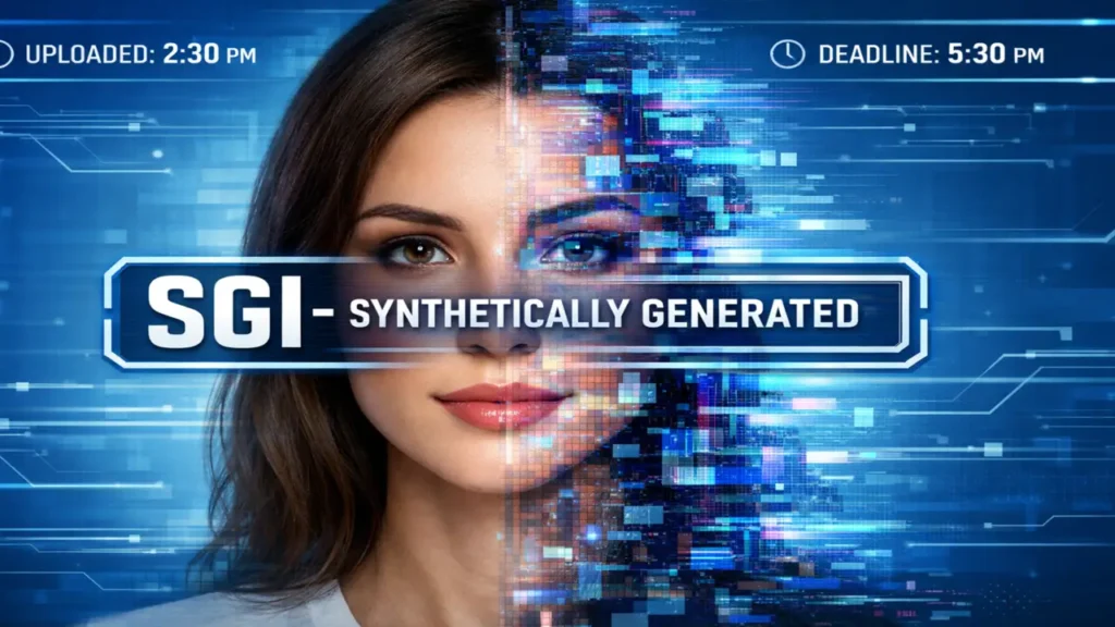 Infographic showing a woman’s face split in half—one side realistic and the other distorted with digital glitch effects—symbolizing AI-generated deepfake content. A bold overlay reads “SGI – Synthetically Generated,” with upload and deadline timestamps in the corners against a blue tech-themed background.
