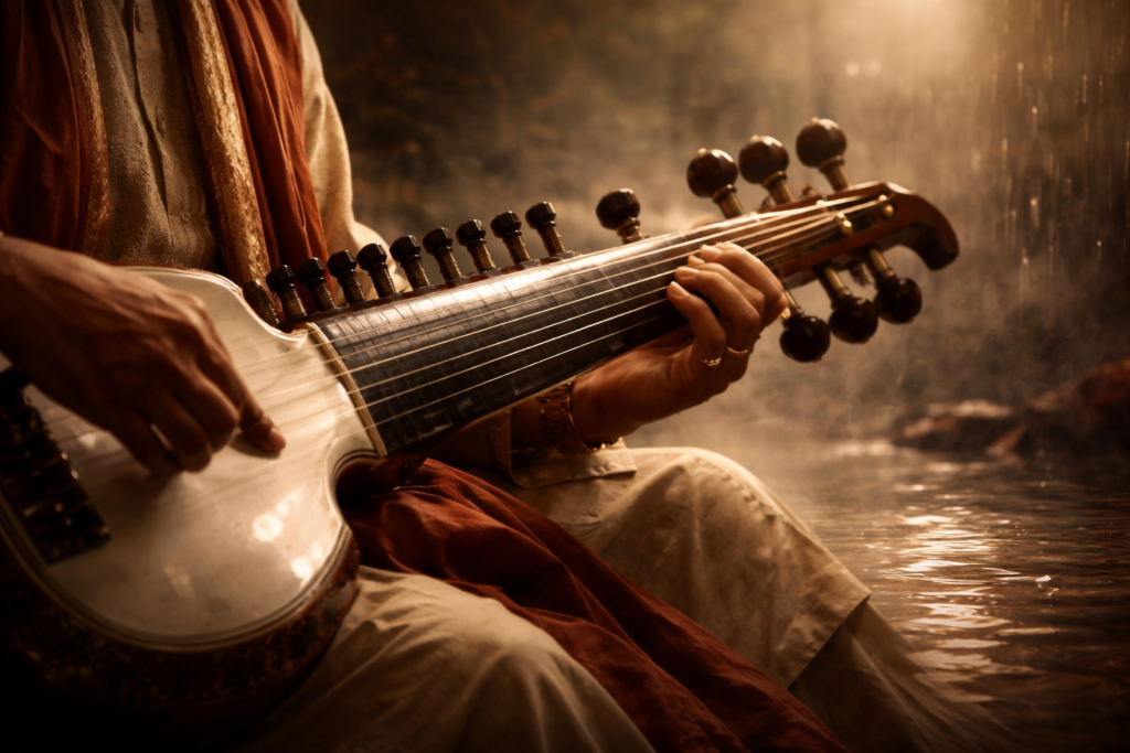 Close-up of a sarod being played, highlighting polished wood and strings, with hands in focus against a moody, monsoon-inspired backdrop in warm earth tones.